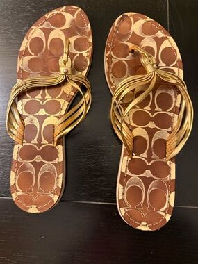 Coach Brown Logo Footbed Gold leather Metallic Strap Sandals